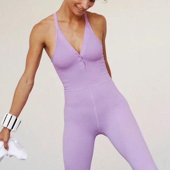 NWOT Free People Happiness Runs Henley Onesie- Mexican Sage (Purple) - Picture 2 of 3